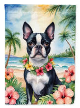 Load image into Gallery viewer, Boston Terrier Luau Garden Flag – Tropical Dog Decor with Hibiscus &amp; Palm Leaves