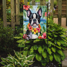 Load image into Gallery viewer, Boston Terrier Luau Garden Flag – Tropical Dog Decor with Hibiscus &amp; Palm Leaves
