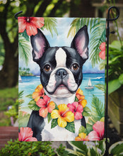 Load image into Gallery viewer, Boston Terrier Luau Garden Flag – Tropical Dog Decor with Hibiscus &amp; Palm Leaves