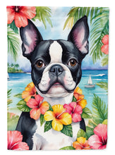 Load image into Gallery viewer, Boston Terrier Luau Garden Flag – Tropical Dog Decor with Hibiscus &amp; Palm Leaves