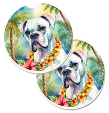 Load image into Gallery viewer, White Boxer Luau Car Coasters – Set of 2 - Absorbent Stone with Fun &amp; Functional Artwork