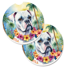 Load image into Gallery viewer, White Boxer Luau Car Coasters – Set of 2 - Absorbent Stone with Fun &amp; Functional Artwork