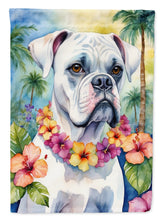 Load image into Gallery viewer, White Boxer Luau Garden Flag – Tropical Dog Decor with Hibiscus &amp; Palm Leaves