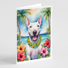 Load image into Gallery viewer, Bull Terrier Luau Greeting Cards - Blank Note Cards – 8-Pack of Artist-Designed Cards with Envelopes