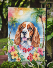 Load image into Gallery viewer, Cavalier Spaniel Luau Garden Flag – Tropical Dog Decor with Hibiscus &amp; Palm Leaves