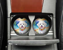 Load image into Gallery viewer, Coton de Tulear Luau Car Coasters – Set of 2 - Absorbent Stone with Fun &amp; Functional Artwork