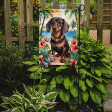 Load image into Gallery viewer, Dachshund Luau Garden Flag – Tropical Dog Decor with Hibiscus &amp; Palm Leaves