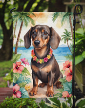 Load image into Gallery viewer, Dachshund Luau Garden Flag – Tropical Dog Decor with Hibiscus &amp; Palm Leaves