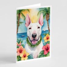 Load image into Gallery viewer, English Bull Terrier Luau Greeting Cards - Blank Note Cards – 8-Pack of Artist-Designed Cards with Envelopes