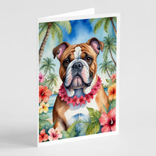 Load image into Gallery viewer, English Bulldog Luau Greeting Cards - Blank Note Cards – 8-Pack of Artist-Designed Cards with Envelopes