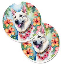 Load image into Gallery viewer, White German Shepherd Luau Car Coasters – Set of 2 - Absorbent Stone with Fun &amp; Functional Artwork