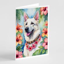 Load image into Gallery viewer, White German Shepherd Luau Greeting Cards - Blank Note Cards – 8-Pack of Artist-Designed Cards with Envelopes