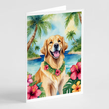 Load image into Gallery viewer, Golden Retriever Luau Greeting Cards - Blank Note Cards – 8-Pack of Artist-Designed Cards with Envelopes