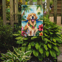Load image into Gallery viewer, Golden Retriever Luau Garden Flag – Tropical Dog Decor with Hibiscus &amp; Palm Leaves
