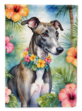 Load image into Gallery viewer, Greyhound Luau Garden Flag – Tropical Dog Decor with Hibiscus &amp; Palm Leaves