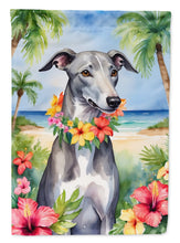 Load image into Gallery viewer, Greyhound Luau Garden Flag – Tropical Dog Decor with Hibiscus &amp; Palm Leaves