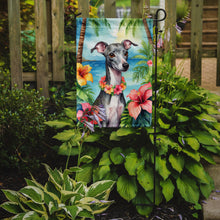 Load image into Gallery viewer, Italian Greyhound Luau Garden Flag – Tropical Dog Decor with Hibiscus &amp; Palm Leaves