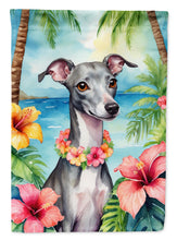 Load image into Gallery viewer, Italian Greyhound Luau Garden Flag – Tropical Dog Decor with Hibiscus &amp; Palm Leaves