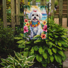 Load image into Gallery viewer, Maltese Luau Garden Flag – Tropical Dog Decor with Hibiscus &amp; Palm Leaves