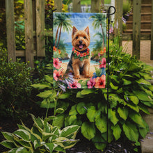 Load image into Gallery viewer, Norwich Terrier Luau Garden Flag – Tropical Dog Decor with Hibiscus &amp; Palm Leaves