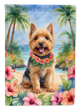 Load image into Gallery viewer, Norwich Terrier Luau Garden Flag – Tropical Dog Decor with Hibiscus &amp; Palm Leaves