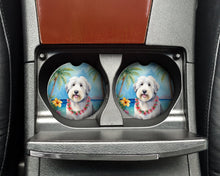 Load image into Gallery viewer, Old English Sheepdog Luau Car Coasters – Set of 2 - Absorbent Stone with Fun &amp; Functional Artwork