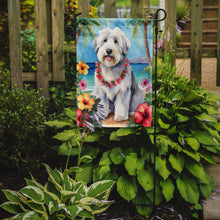 Load image into Gallery viewer, Old English Sheepdog Luau Garden Flag – Tropical Dog Decor with Hibiscus &amp; Palm Leaves
