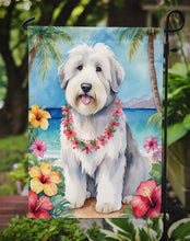 Load image into Gallery viewer, Old English Sheepdog Luau Garden Flag – Tropical Dog Decor with Hibiscus &amp; Palm Leaves