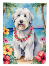 Load image into Gallery viewer, Old English Sheepdog Luau Garden Flag – Tropical Dog Decor with Hibiscus &amp; Palm Leaves