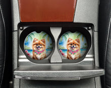 Load image into Gallery viewer, Pomeranian Luau Car Coasters – Set of 2 - Absorbent Stone with Fun &amp; Functional Artwork