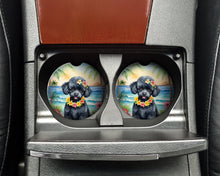 Load image into Gallery viewer, Black Poodle Luau Car Coasters – Set of 2 - Absorbent Stone with Fun &amp; Functional Artwork