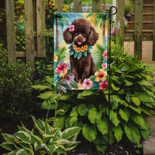 Load image into Gallery viewer, Chocolate Poodle Luau Garden Flag – Tropical Dog Decor with Hibiscus &amp; Palm Leaves