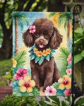 Load image into Gallery viewer, Chocolate Poodle Luau Garden Flag – Tropical Dog Decor with Hibiscus &amp; Palm Leaves