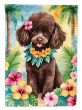 Load image into Gallery viewer, Chocolate Poodle Luau Garden Flag – Tropical Dog Decor with Hibiscus &amp; Palm Leaves