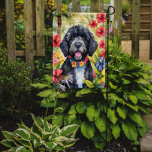 Load image into Gallery viewer, Portuguese Water Dog Luau Garden Flag – Tropical Dog Decor with Hibiscus &amp; Palm Leaves