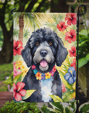 Load image into Gallery viewer, Portuguese Water Dog Luau Garden Flag – Tropical Dog Decor with Hibiscus &amp; Palm Leaves