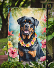 Load image into Gallery viewer, Rottweiler Luau Garden Flag – Tropical Dog Decor with Hibiscus &amp; Palm Leaves