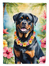 Load image into Gallery viewer, Rottweiler Luau Garden Flag – Tropical Dog Decor with Hibiscus &amp; Palm Leaves