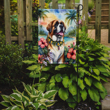 Load image into Gallery viewer, Saint Bernard Luau Garden Flag – Tropical Dog Decor with Hibiscus &amp; Palm Leaves