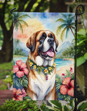 Load image into Gallery viewer, Saint Bernard Luau Garden Flag – Tropical Dog Decor with Hibiscus &amp; Palm Leaves