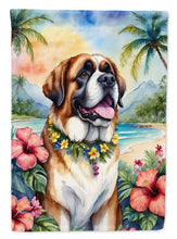 Load image into Gallery viewer, Saint Bernard Luau Garden Flag – Tropical Dog Decor with Hibiscus &amp; Palm Leaves