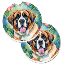 Load image into Gallery viewer, Saint Bernard Luau Car Coasters – Set of 2 - Absorbent Stone with Fun &amp; Functional Artwork