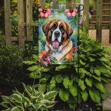 Load image into Gallery viewer, Saint Bernard Luau Garden Flag – Tropical Dog Decor with Hibiscus &amp; Palm Leaves