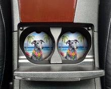 Load image into Gallery viewer, Scottish Deerhound Luau Car Coasters – Set of 2 - Absorbent Stone with Fun &amp; Functional Artwork