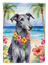 Load image into Gallery viewer, Scottish Deerhound Luau Garden Flag – Tropical Dog Decor with Hibiscus &amp; Palm Leaves