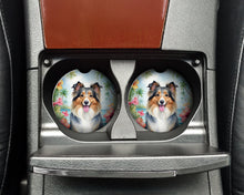 Load image into Gallery viewer, Sheltie Luau Car Coasters – Set of 2 - Absorbent Stone with Fun &amp; Functional Artwork