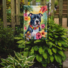 Load image into Gallery viewer, Staffordshire Bull Terrier Luau Garden Flag – Tropical Dog Decor with Hibiscus &amp; Palm Leaves