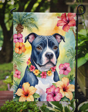 Load image into Gallery viewer, Staffordshire Bull Terrier Luau Garden Flag – Tropical Dog Decor with Hibiscus &amp; Palm Leaves