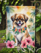 Load image into Gallery viewer, Tibetan Spaniel Luau Garden Flag – Tropical Dog Decor with Hibiscus &amp; Palm Leaves