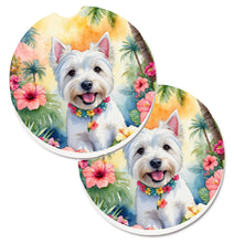 Load image into Gallery viewer, Westie Luau Car Coasters – Set of 2 - Absorbent Stone with Fun &amp; Functional Artwork